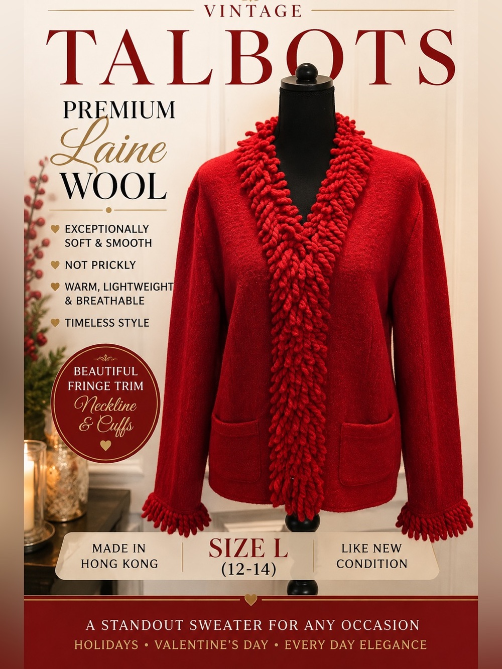 Vintage Talbots Premium Laine Wool Red Fringe Cardigan Sweater L